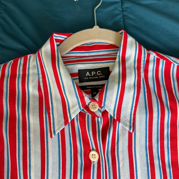 APC Women's Red, White and Light Blue Button-Down - Picture 3 of 5